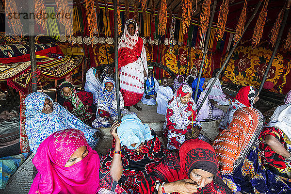 Sehr bunt gekleidete Toubou-Frauen  Stammesfest  Place de la Nation  N'Djamena  Tschad  Afrika