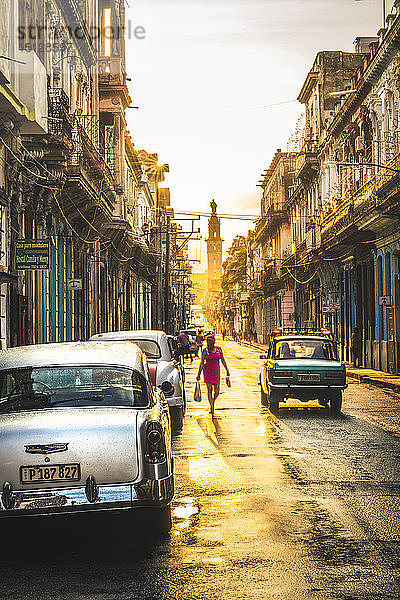 Amerikanische und russische Oldtimer bei Sonnenuntergang  La Habana (Havanna)  Kuba  Westindien  Karibik  Mittelamerika