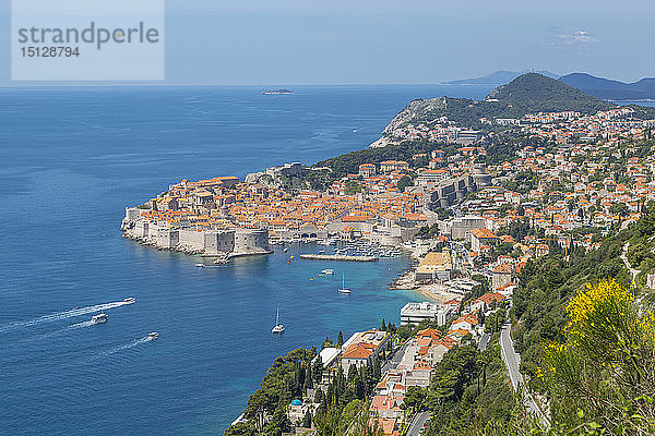 Blick auf die alte Stadtmauer von Dubrovnik  UNESCO-Weltkulturerbe  und die Adria von einer erhöhten Position aus  Dubrovnik Riviera  Kroatien  Europa