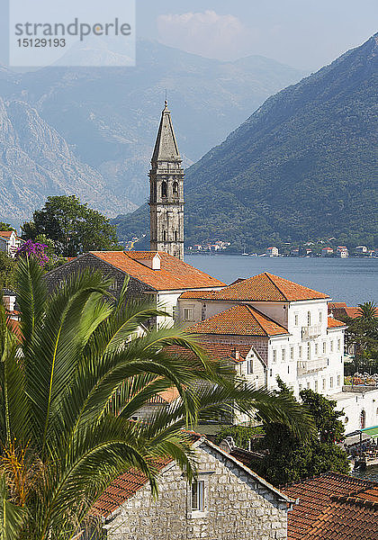 Blick über die Dächer auf die Bucht von Kotor  Campanile der Kirche St. Nikolaus (Sveti Nikola) prominent  Perast  Kotor  UNESCO-Weltkulturerbe  Montenegro  Europa