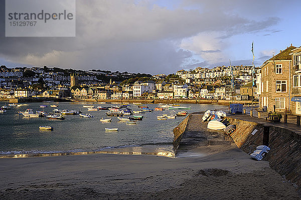 Blick am frühen Morgen über den Hafen der beliebten und malerischen Stadt St. Ives  Cornwall  England  Vereinigtes Königreich  Europa