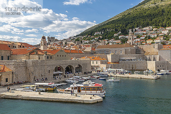 Blick auf Boote im Hafen der Altstadt von Dubrovnik von der Stadtmauer aus  UNESCO-Weltkulturerbe  Dubrovnik  Dalmatien  Kroatien  Europa