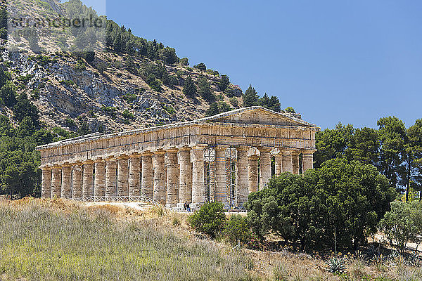 Gut erhaltene Überreste des dorischen Tempels in der antiken griechischen Stadt Segesta  Calatafimi  Trapani  Sizilien  Italien  Mittelmeer  Europa