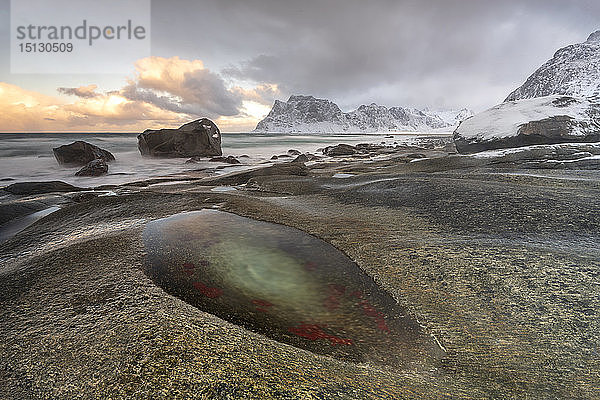 Winter am Uttakleiv Strand  Vestvagoy  Lofoten Inseln  Nordland  Arktis  Norwegen  Europa