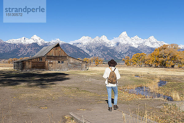 Mormon Row und Teton Range  Grand Teton National Park  Wyoming  Vereinigte Staaten von Amerika  Nordamerika