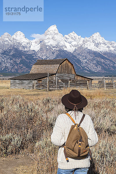 Mormon Row und Teton Range  Grand Teton National Park  Wyoming  Vereinigte Staaten von Amerika  Nordamerika