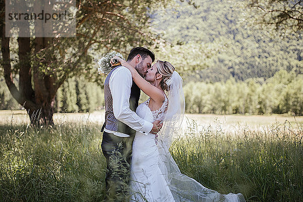 Romantisches Paar küsst sich am Hochzeitstag im Wald  Stresa  Piemont  Italien