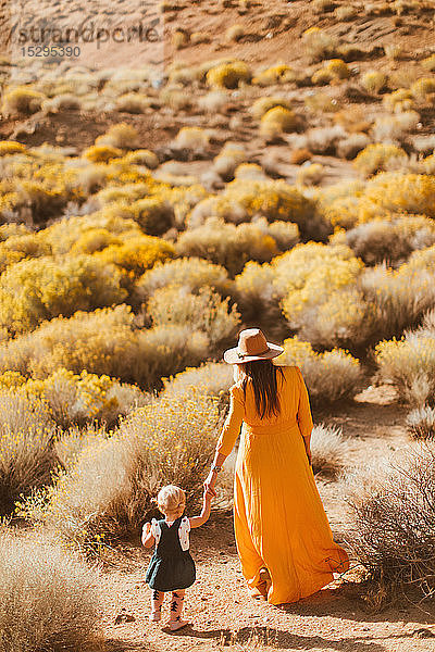 Mutter und kleines Mädchen gehen Hand in Hand  Kennedy Meadows  Kalifornien  USA
