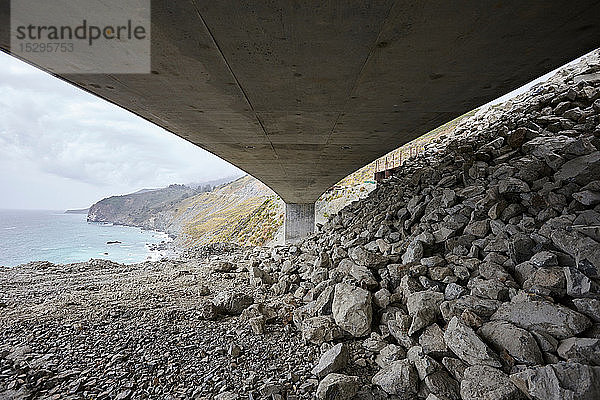 Landschaft mit Betonstraße 1 Überführung entlang der Küste  Ansicht unten  Big Sur  Kalifornien  USA