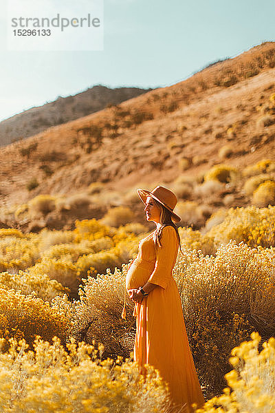 Schwangere Frau beim Wandern in Feldlandschaft  Kennedy Meadows  Kalifornien  USA