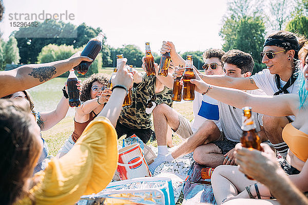 Eine Gruppe von Freunden entspannt sich und trinkt beim Picknick im Park auf Erfrischungsgetränke