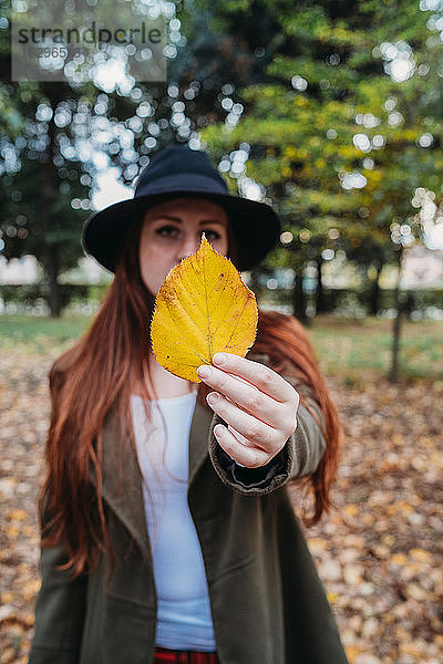 Junge Frau mit langen roten Haaren  die im Park ein Herbstblatt hochhält  Porträt