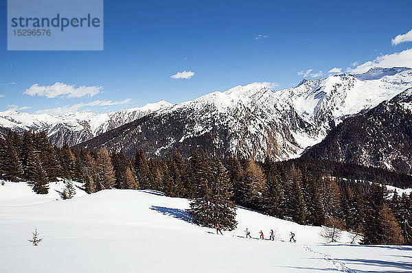 Reifes Paar und Töchter beim Schneeschuhwandern in schneebedeckter Berglandschaft  Fernsicht  Steiermark  Tirol  Österreich