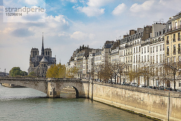 Szenische Ansicht der Kathedrale Notre-Dame am Wasser  Paris  Frankreich