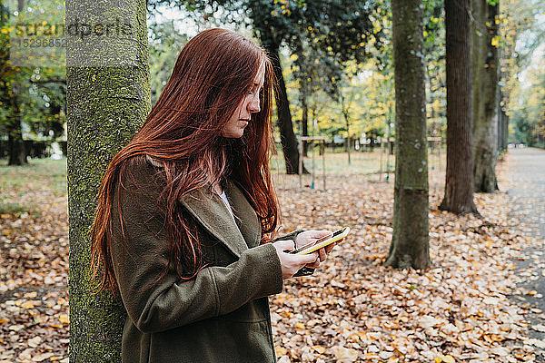 Junge Frau mit langen roten Haaren im Herbstpark mit Blick auf Smartphone