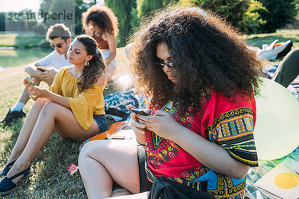 Eine Gruppe von Freunden entspannt sich mit einem Smartphone beim Picknick im Park