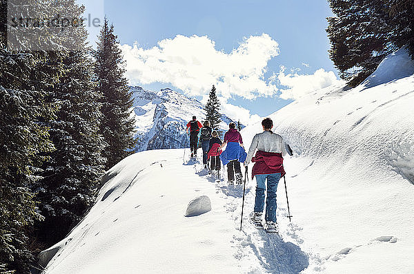 Reifes Paar und Töchter beim Schneeschuhwandern in schneebedeckter Berglandschaft  Rückansicht  Steiermark  Tirol  Österreich