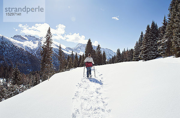 Teenager-Mädchen beim Schneeschuhwandern in schneebedeckter Berglandschaft  Rückansicht  Steiermark  Tirol  Österreich