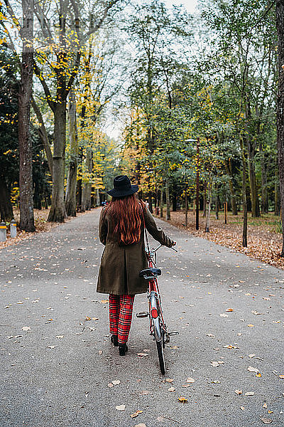 Junge Frau mit langen roten Haaren schiebt Fahrrad im von Bäumen gesäumten Herbstpark  Rückansicht  Florenz  Toskana  Italien