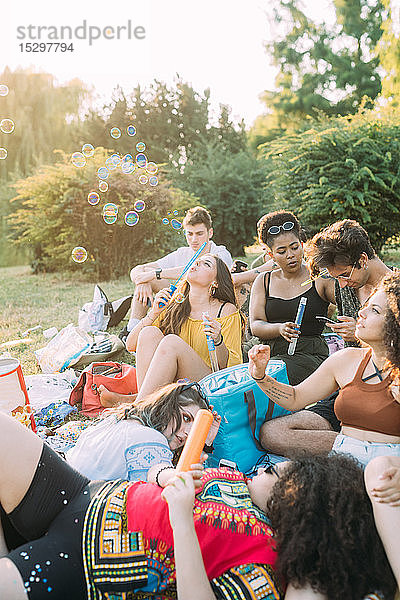 Eine Gruppe von Freunden entspannt sich beim Picknick im Park und bläst Seifenblasen