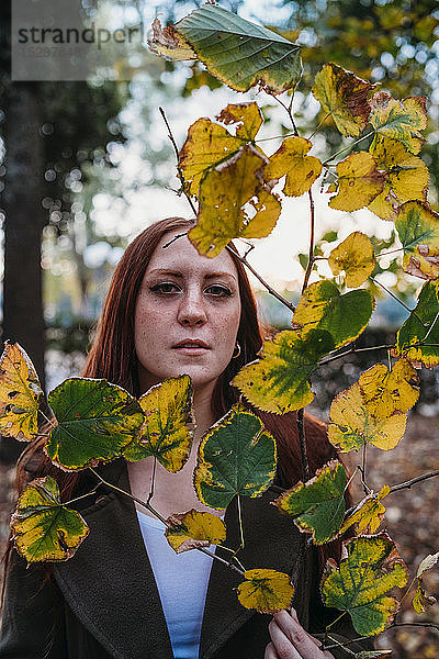 Junge Frau mit langen roten Haaren hinter einem Herbstlaubzweig im Park  Porträt