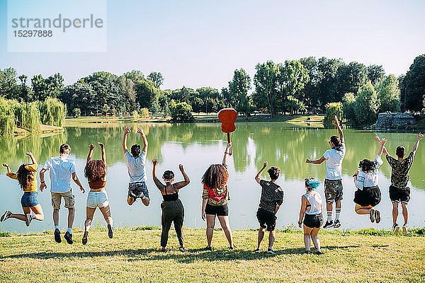 Gruppe von Freunden springt im Park vor den See