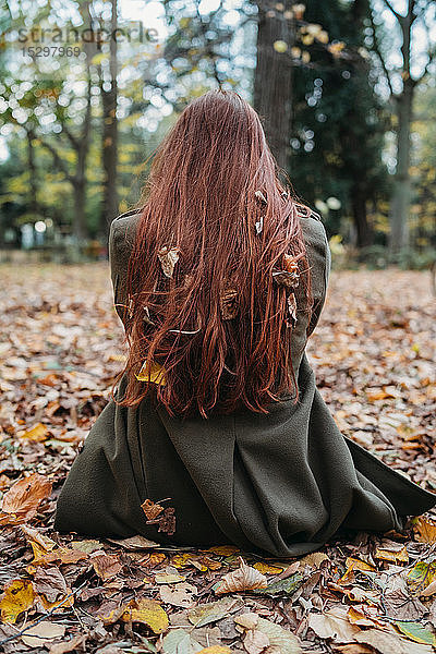 Junge Frau sitzt auf Blättern im Park mit Herbstlaub in langen roten Haaren verstrickt  Rückansicht