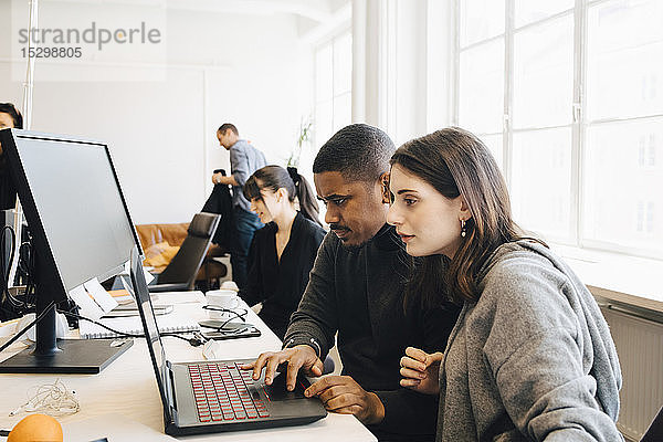 Fokussierte Software-Programmierer  die auf einem Laptop programmieren  während sie im Büro sitzen
