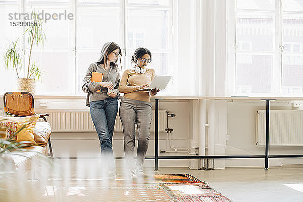 Programmiererinnen  die einen Laptop benutzen  während sie im Büro am Fenster stehen