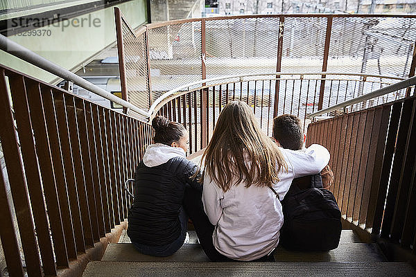 Rückansicht der auf Stufen sitzenden Freunde und Freundinnen