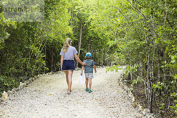 Rückansicht der 13-jährigen Schwester und ihres 5-jährigen Bruders beim Spaziergang auf dem Naturpfad