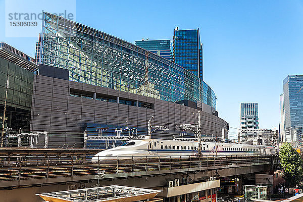 Shinkansen-Kugelzug auf einem erhöhten Gleisabschnitt neben dem Internationalen Forum von Tokio am Bahnhof Yurakucho  Tokio  Japan.
