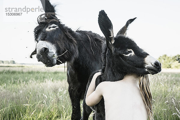 Bare Chested Girl umarmt Baby Esel in ländlichen Feld