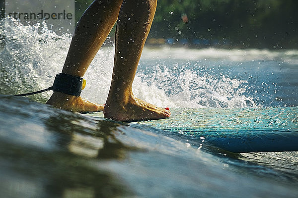 Weibliche Surferin auf einem Surfbrett im sonnigen Meer