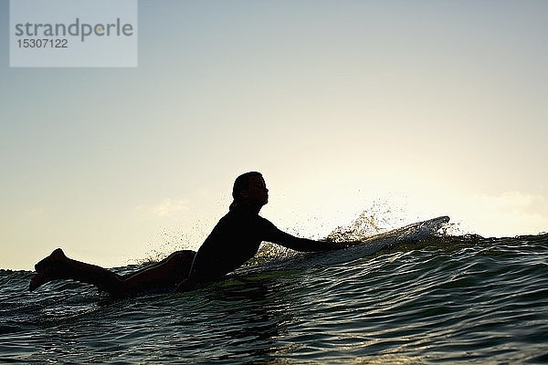 Silhouette weibliche Surferin paddelt hinaus