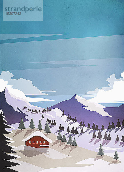 Hütte mit Panoramablick inmitten verschneiter Berge
