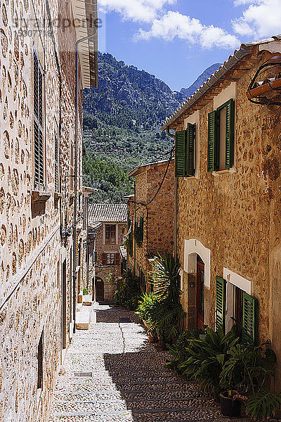 Sonnige Straße mit Kopfsteinpflaster und Häusern  Fornalutx  Mallorca  Balearische Inseln  Spanien