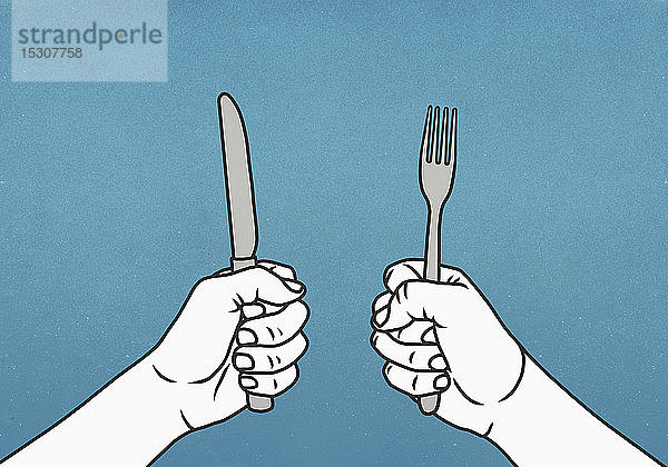 Hungrige Hände mit Gabel und Messer
