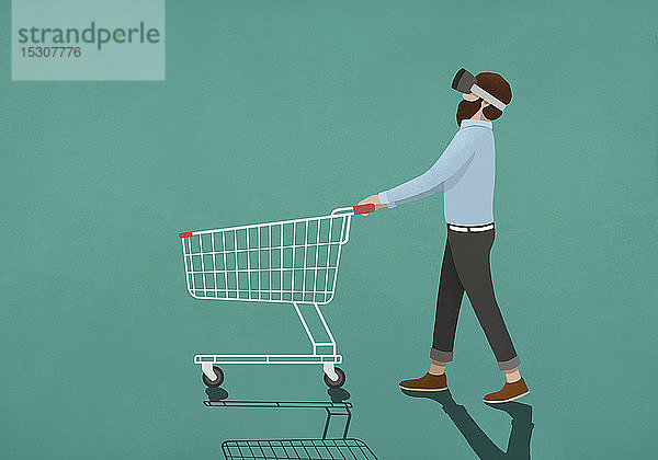 Mann mit Virtual-Reality-Simulator  der einen Einkaufswagen schiebt