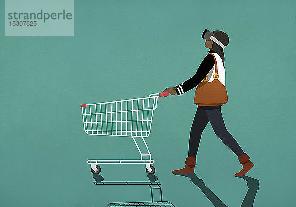 Frau mit Virtual-Reality-Simulator beim Schieben eines Einkaufswagens