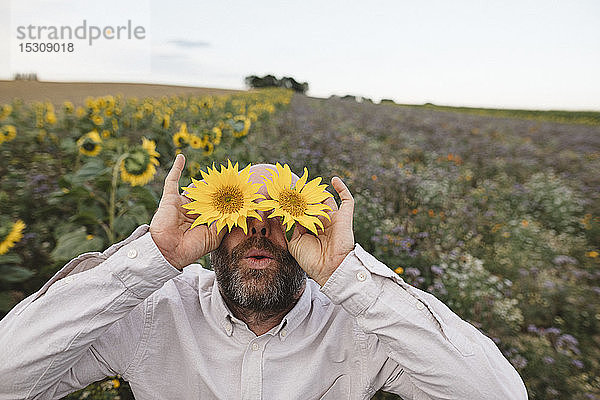 Spielerischer Mann  der seine Augen mit Sonnenblumen auf einem Feld bedeckt