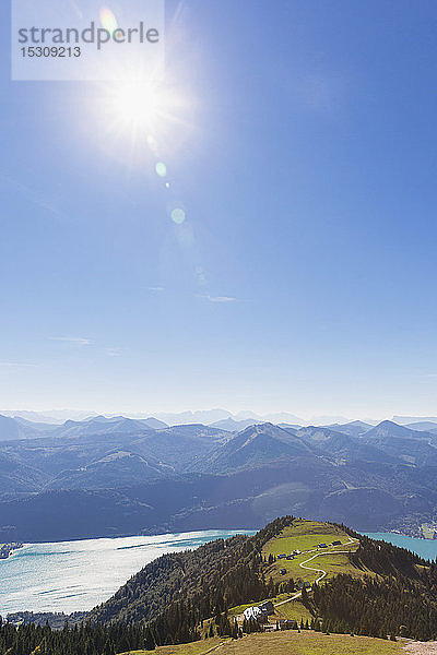 Blick von der Schafbergbahn auf den Watzmann mit See vor blauem Himmel an einem sonnigen Tag