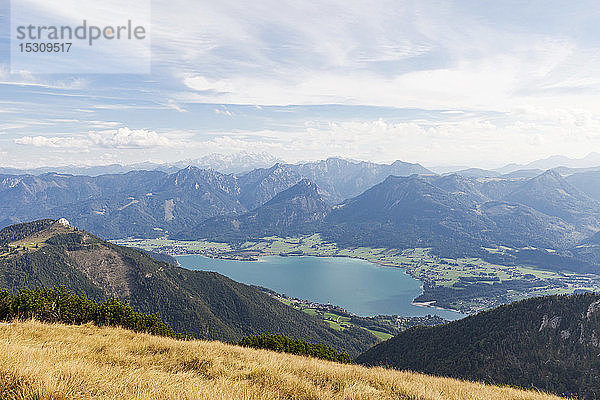 Landschaftliche Ansicht von See und Bergen gegen den Himmel