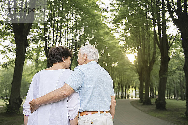 Rückenansicht eines älteren Ehepaares beim abendlichen Spaziergang in einem Park