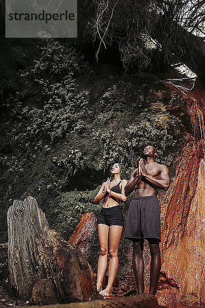 Yoga praktizierendes Paar am Wasserfall  Baumposition