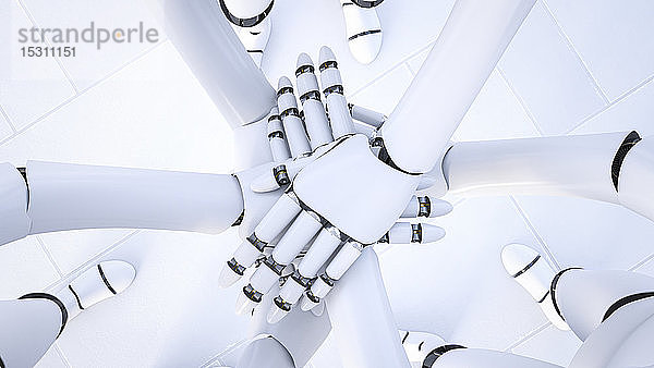 Darstellung von drei Robotern  die Hände stapeln  Nahaufnahme