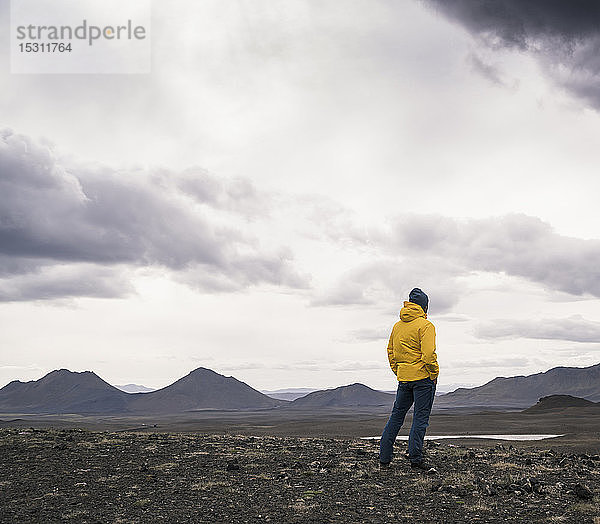 Älterer Mann schaut auf Ansicht  Hochlandregion  Island