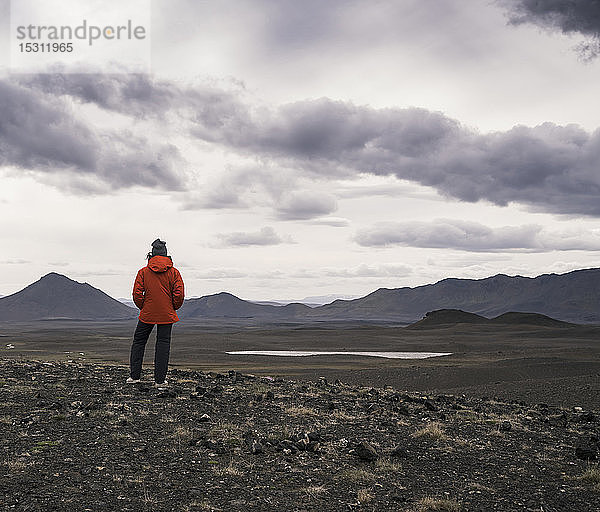 Junge Frau betrachtet Aussicht  Hochlandregion  Island