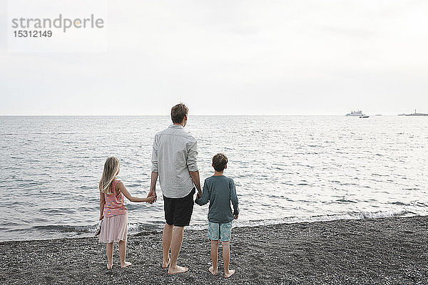 Rückenansicht eines Mannes  der Hand in Hand mit seiner kleinen Tochter und seinem Sohn an der Seefront steht