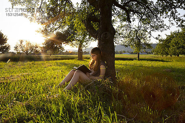 Kleines Mädchen lehnt bei Sonnenuntergang am Baumstamm und liest ein Buch